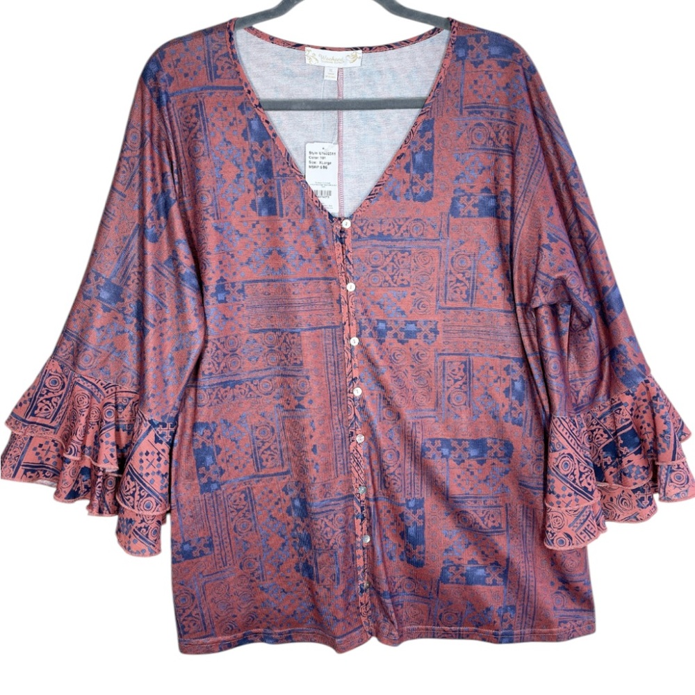 Weekend Suzanne Betro Bell Sleeve Bohemian Top Blouse Size XL Orange Blue